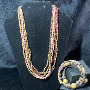 Elegant Pink, Brown and Gold Beaded Necklace and Bracelet Set